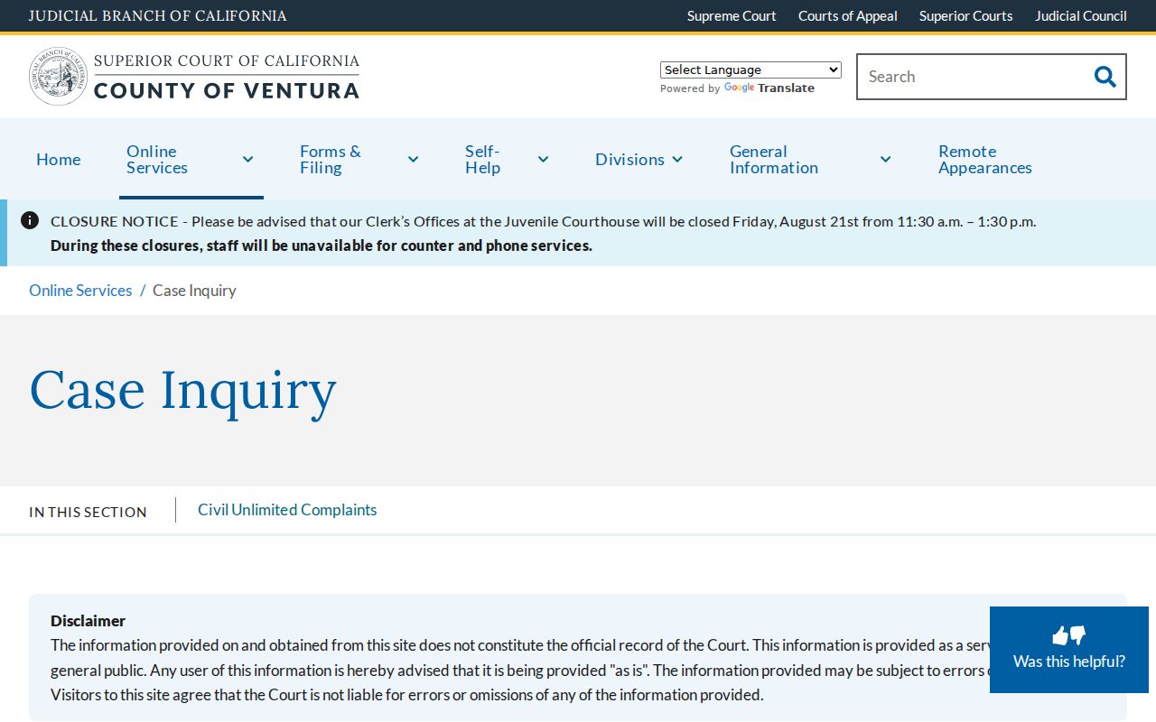 Thousand Oaks resident lookup Ventura Superior Court case inquiry